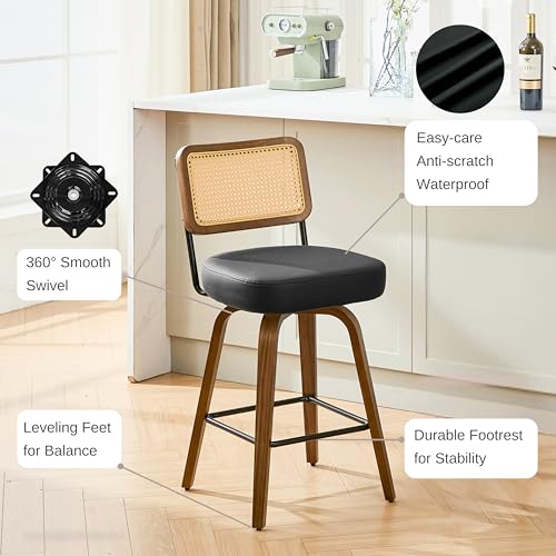 Image of Swivel Bar Stools Set of 2, 26 inch Upholstered Counter Height Bar Stools with Back and Walnut Wood Legs, Faux Leather Barstools for Kitchen Counter, Rattan Black