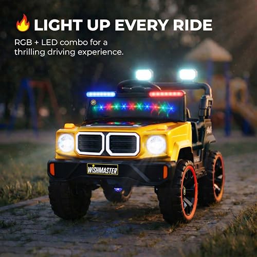 Image of Wishmaster 4x4 Kids Electric Ride On Jeep with Remote Control | Battery Operated Car for Kids 2-6 Years | RGB LED Lights, Bluetooth Music | Birthday Gift | 1-Year Warranty On Motors & Motherboard