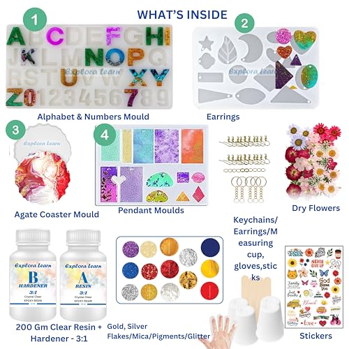 Image of Exploralearn Ultimate Max Resin Art Kit - DIY Alphabet, Earring, Keychain, Coaster with 200 gm Epoxy Resin, Silicone Moulds, Dry Flowers & Stickers - Complete Resin Art Materials with Mica, Glitters, Pigments & Flakes | Multicolor
