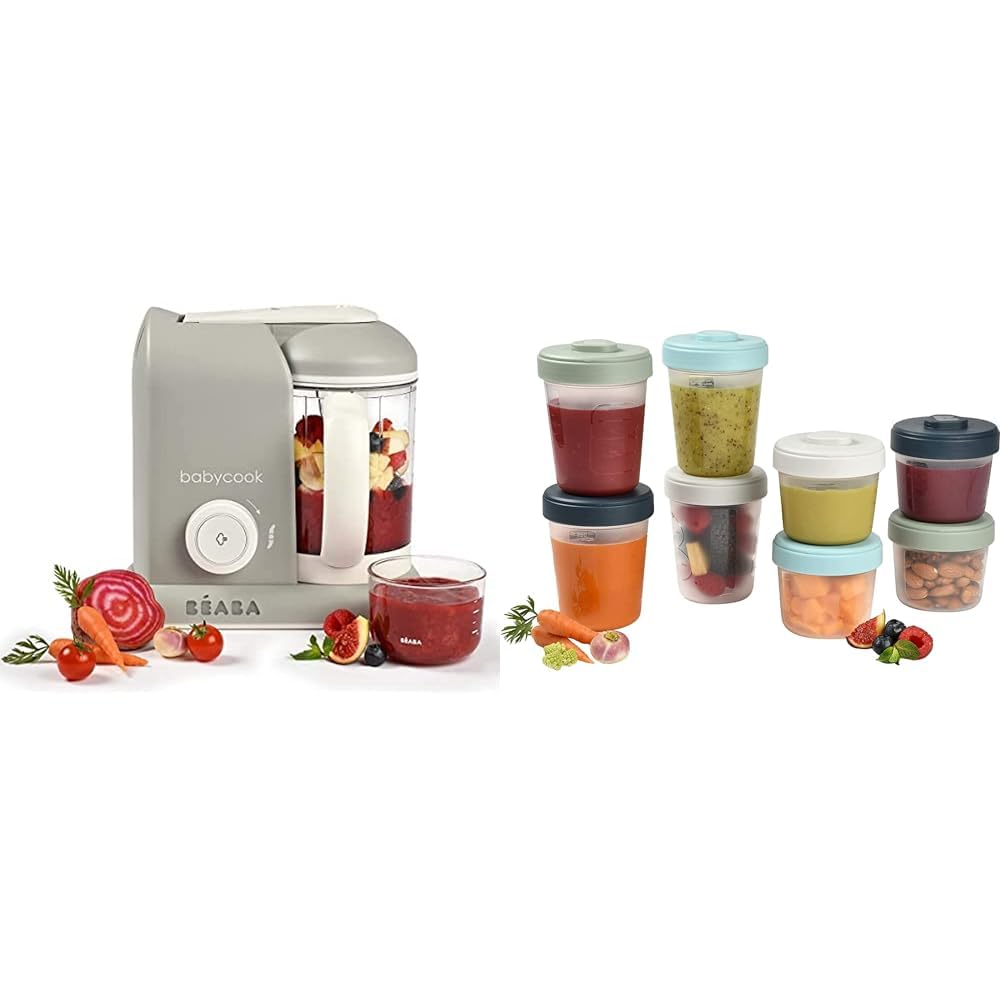 BÉABA, Babycook Solo, Robot Bébé 4en1 Mixeur-Cuiseur, Cuisson Vapeur, et 8 Portions Conservation Clip, Pots empilables et emboîtables, Diversification alimentaire, Petits pots bébé maison, graduation