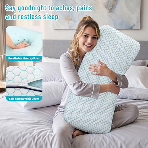 Image of CushyOasis Memory Foam Pillows for Side, Back and Stomach Sleepers, Set of 2, Bed Pillow with Washable Cover and Breathable Mesh, Bed Pillow for Sleeping (Blue，King Size)