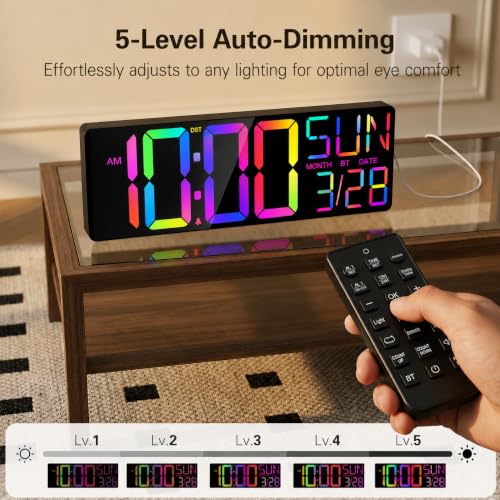Image of JALL 18 inch Large Digital Wall Clock with Big Numbers for Classroom, 12 RGB Wall Clock with Date and Temp for Teachers Seniors, Digital Clock for Living Room, Black