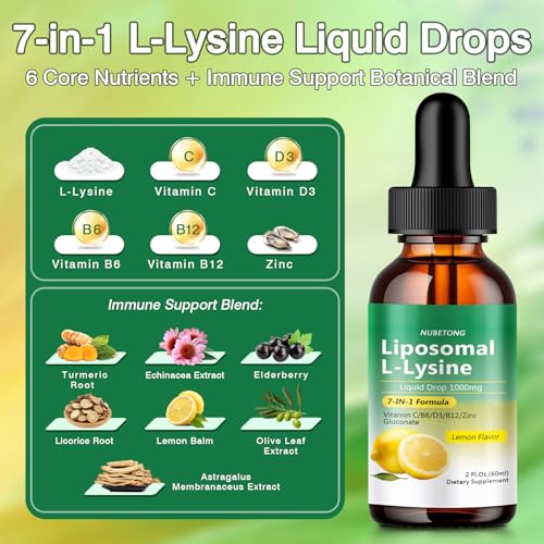 Liposomal L-Lysine 1000mg Liquid Drops, 7-in-1 Lysine Supplement for Adults with Vitamin C/B6/D3/B12 & Zinc Gluconate, Immune Support, Collagen Synthesis & Skin Lip Health, Lemon Flavor, 2 Fl Oz — view 2