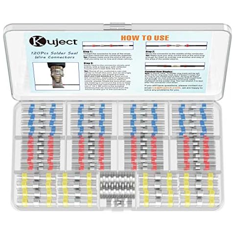 Kuject Heat Shrink Solder Seal Wire Connectors Kit 120PCS, Waterproof Butt Connector Heat Shrink Electrical Terminals, Insulated Solderless Wiring Splice Connectors for Marine Automotive Boat Truck Cover