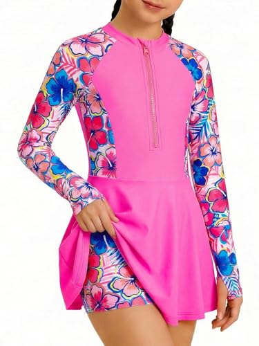 Image of HOZIY Girls Long Sleeve Swimsuit Two Piece Rash Guard Dress with Swim Shorts Front Zip for Kids Tween Teens UPF 50+