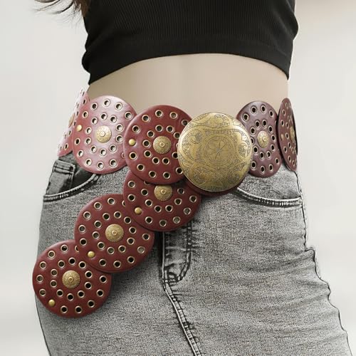 Western Belts for Woman, Boho Disk Concho Leather Belts Circle Y2k Belt, Cowboy Metal Belt Grunge Punk Accessories4