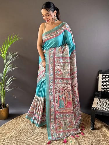 Image of Panzora Women's Tussar Silk Madhubani Printed Saree With Unstitched Blouse Piece
