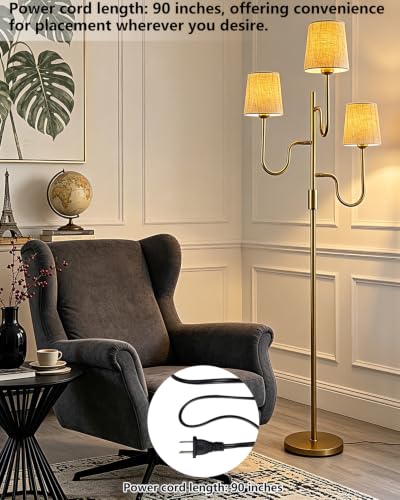 Image of 3-Light Gold Dimmable Floor Lamp with Linen Cone Shades, 3000K Warm White Standing Tall Lamp with Bulbs for Reading, Mid Century Modern Floor Lamp for Living Room Bedroom Sofa Corner Decor