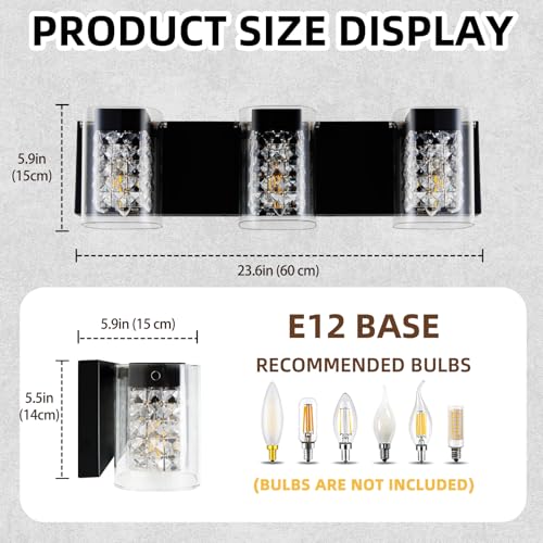 Image of Modern Crystal Bathroom Light Fixtures, 3-Light Black Vanity Lights with Clear Shades, Bathroom Lighting Fixtures Over Mirror Wall Light for Living Room, Decoration,Bedroom(Exclude Bulb)