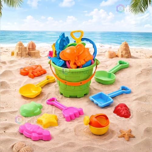 Image of Kids Beach Sand Toy Set - Castle Bucket with Shovels, Rake & Sea Animal Moulds (Crab, Turtle, Starfish, Shell) Pack of 12 | Outdoor Summer Sand Play Kit for Toddlers