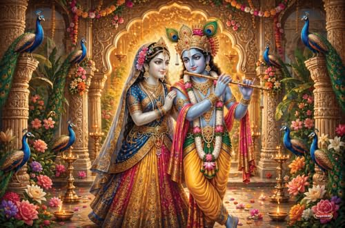 Image of Rangoli Radha Krishna Self Adhesive Poster 18x12 Inch | Divine Hindu God Wall Sticker Poster with Peacock Design for Home Temple Pooja Room Living Room Bedroom Decor