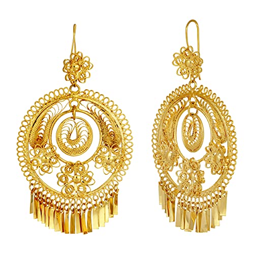 Folklorico Dance Earrings - Traditional Mexican Gold Filigree Design, 3-Flowers, Day of the Dead