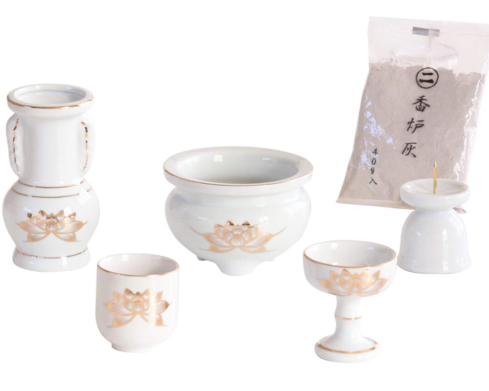 Amazon｜仏具5点セット 白磁金蓮 香炉+火立て+花立て+茶器+仏器 陶器