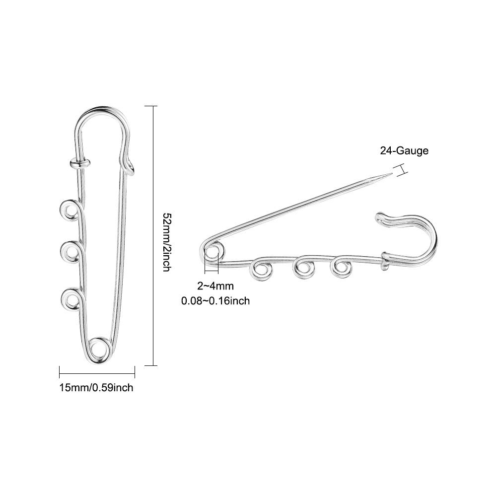 LiQunSweet 10 Pcs Iron 3 Holes Metal Brooch Safety Pins Fasteners Skirt Kilt Catch Pins Findings Platinum Color for Garment Art Jewelry Making Craft - 52mm(2") 1