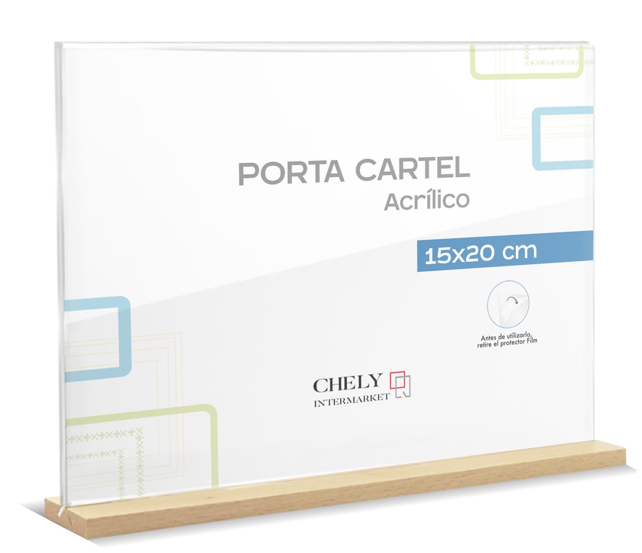 CHELY INTERMARKET Porta Cartel A5 15X20 CM Pack 6 Horizontal Base Madera Acrílico Transparente Señalética Tarifa Restaurante Negocio Información Eventos Mostrador Soporte Carteles