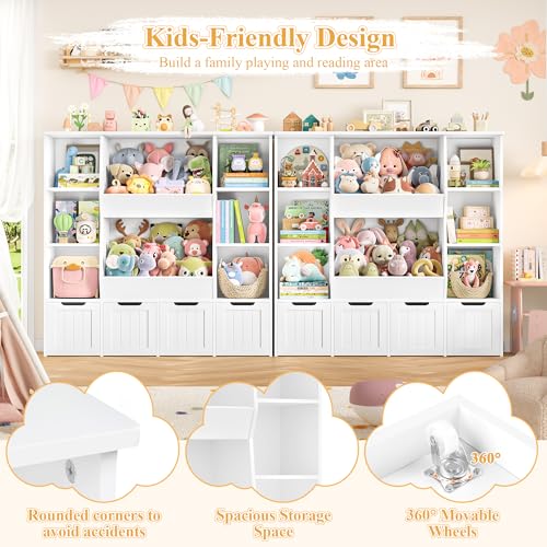 FINETONES Toy Organizers and Storage with 4 Movable Drawers, Large Toy Storage Organizer with 8 Open Storage Cubbies, Kids Bookshelf and Toy Storage with Hidden Wheels for Playroom, Kids Room,White
