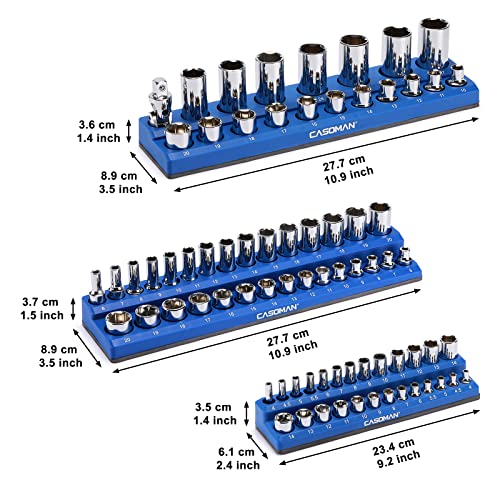 Casoman Magnetic Socket Organizer, 3 Piece Socket Holder Kit, 1/2-Inch, 3/8-Inch, 1/4-Inch Drive, Holds 75 Metric Sockets, Blue Color, Professional Quality Tools Organizer, Socket Not Included #TOP4
