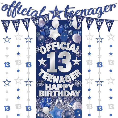 13th Birthday Decorations Party Boys - 9 Pcs Blue Happy Birthday Banners Official Teenager Backdrop Glitter Star Hanging Streamers for Boy Teenager 13 Years Old Party Decor Supplies