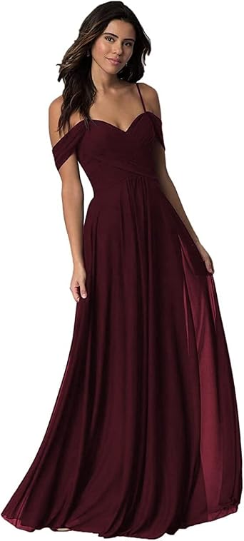 Women A-Line Off The Shoulder Floor-Length Chiffon with Ruffle Bridesmaid Wedding Dress