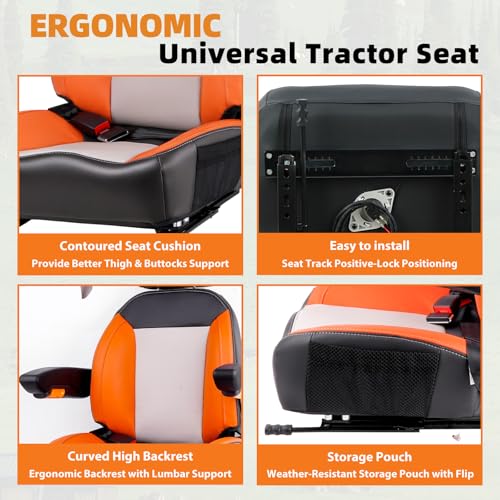 Image of Universal Orange Ergonomic Tractor Seat with Adjustable Backrest, Armrests & Safety Belt And Micro Switch- Replacement for Zero Turn Mowers, Forklifts, Skid Steers, Loader Telehandler Dozer Excavator