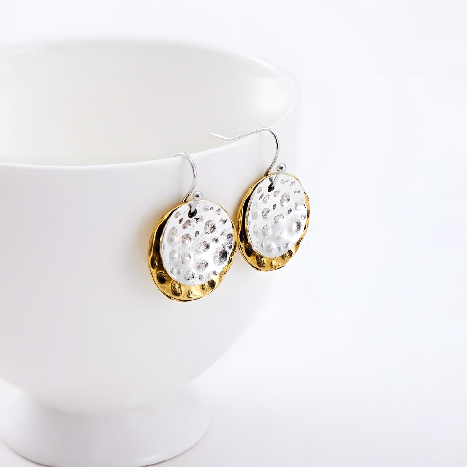 Gold Disc Dangle Earrings Gold Circle Earrings Circle Earrings Lightweight Hammered Disc Dangle Earrings Jewelry for Women - Image 3