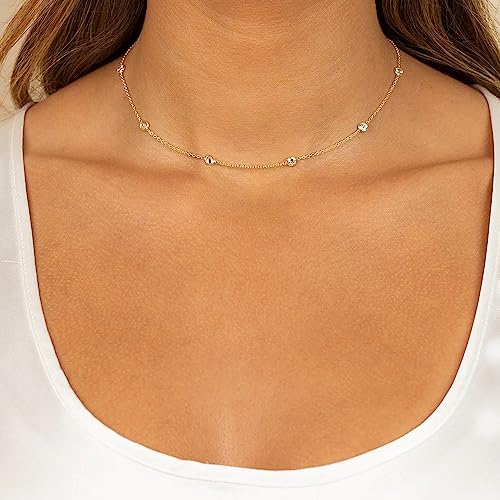 LecAit 14K Gold/Silver Plated Station Necklace for Women | CZ Diamond Choker Necklaces | Simulated Diamond BTY Necklace | Gold Cubic Zirconia Chain Choker Necklaces for Women2