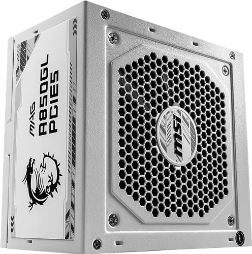 Image of MSI MAG A850GL PCIE5 White Power Supply Unit, 850W, 80 Plus Gold, Fully Modular, ATX 3.0, PCIe 5.0 GPU Support, 120mm FDB Fan, Full-Bridge LLC, Flat Black Cables - 7 Year Warranty