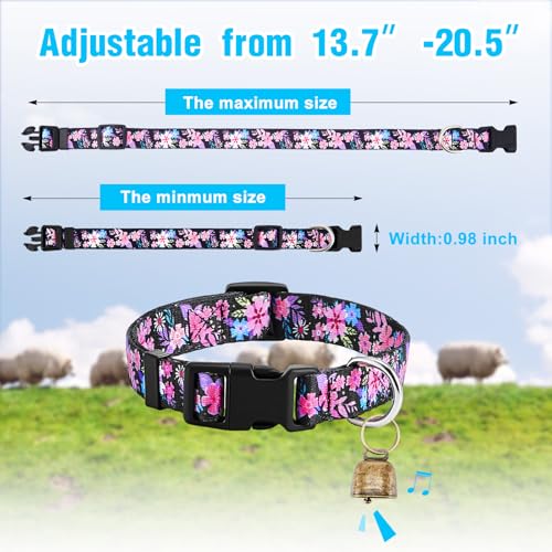 Image of Goat Collar with Bell, Sheep Grazing Copper Bells and Adjustable Nylon Collar Set Loud Bronze Bell for Summer Small Farm Animal Sheep Cow Dog Accessories Gift(Flower)