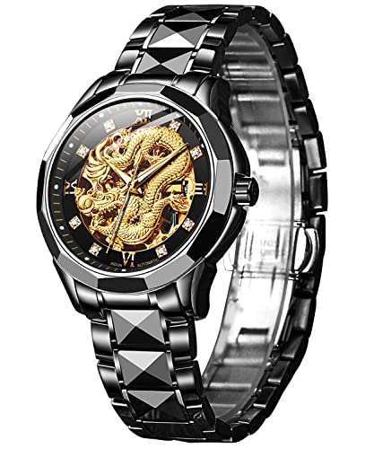 Luxury Mechanical Watches Mens-Carved Dragon dial Tungsten Steel Business Dress Luminous Waterproof Luxury Diamond Watch for Men Black