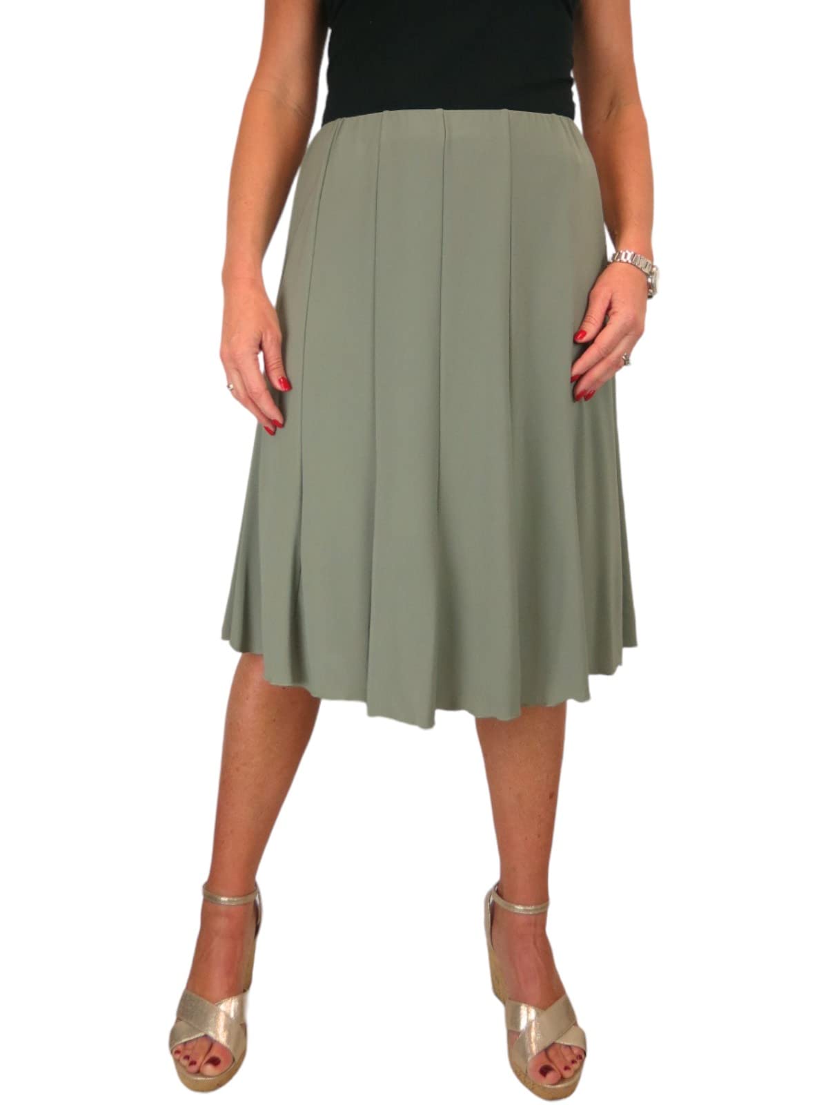 Paulo Due Women's Olive 26" Elasticated Soft Flared Midi Skirt In Size 10-12