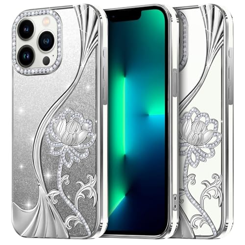 Coque iPhone 13 Pro silicone souple anti-jaunissement fleurs argent