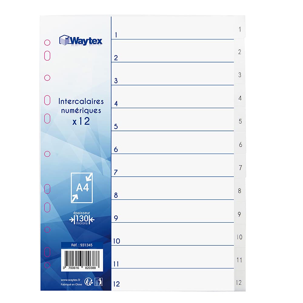 WAYTEX 931345 Digital Dividers A4 12 Tabs with Printed Numbers 1 to 12 Polypropylene White with Index