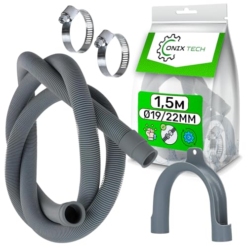 Universal Tubo Desague Lavadora y Lavavajilla 1,5 m Ø 19/22 mm y Soporte Manguera en Forma U para Manguera de Desagüe con 2 Abrazaderas Metalicas para Tubos Ø20/32 mm - Garantía de 5 Años - ONIX TECH