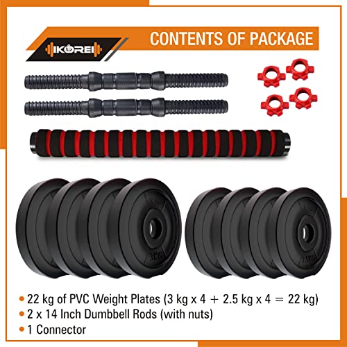 Image of Kore 3 In 1 Convertible 22 Kg Pvc Dumbbells Set, Black