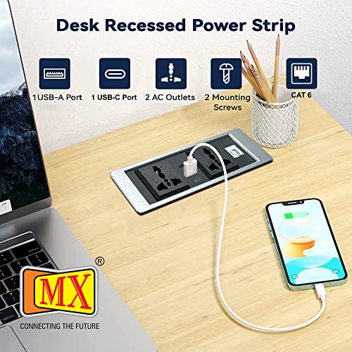 Image of MX Premium Power Console 16 Amp 6 Universal Sockets with 2 USB Charging Port Extension Board - with Removable Desk Clamp Power Strip Master Switch (Desktop Socket - 2AC + USB-A /C + CAT6 (Silver))