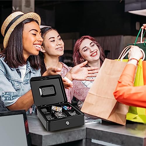 Image of Wosta Cash Money Safe Box - Compact Solid Steel Lockable Security Storage Chest for Loose Money, Coins, Change & Valuables with 2 Keys - Removable Tray with 5 Coin Sections, 1 Bill Section - 8 Inch