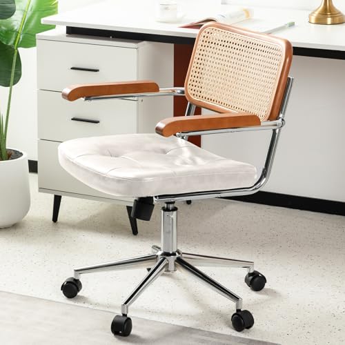 BALIAA Rattan Office Chairs, Modern Rattan Desk Chair with Natural Back & Wood Armrest, Small Upholstered Tufted Leather Home Office Desk Chairs for Home Office, Bedroom, Study, White