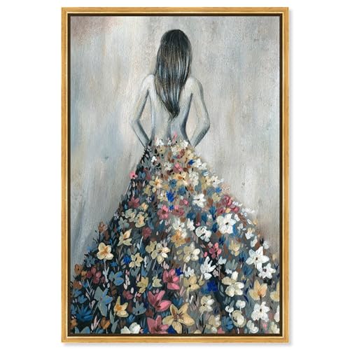 Oliver Gal Girl with Flower Thoughts Canvas Print Wall Art for Living Room, Bedroom, and Bathroom, 30" x 45", Gold Floater Frame