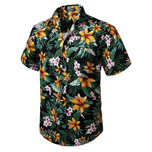 HISDERN Män funky hawaiianska skjortor kortärmad framficka semester sommar Aloha tryckt strand vardag Hawaii skjorta S-2XL, Svart/Orange, XXL