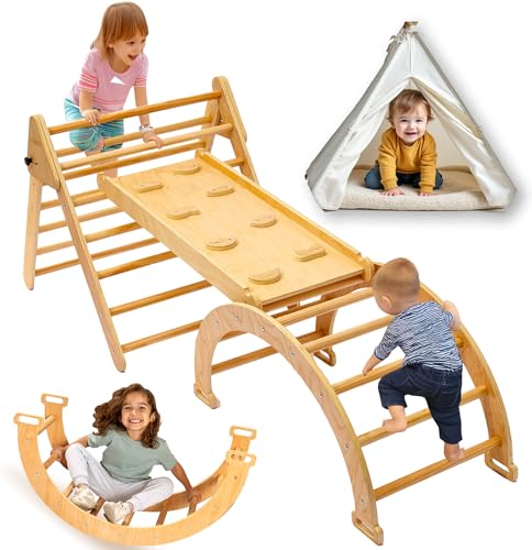 Image of 5 in 1 Pikler Triangle Set, Montessori Climbing Set, Toddler Climbing Toys Indoor Pickler 1-3 Piece Climbing Gym, Indoor Climbing Toys For Toddlers Inside, Baby Wooden Play Pickler, Kids Climber