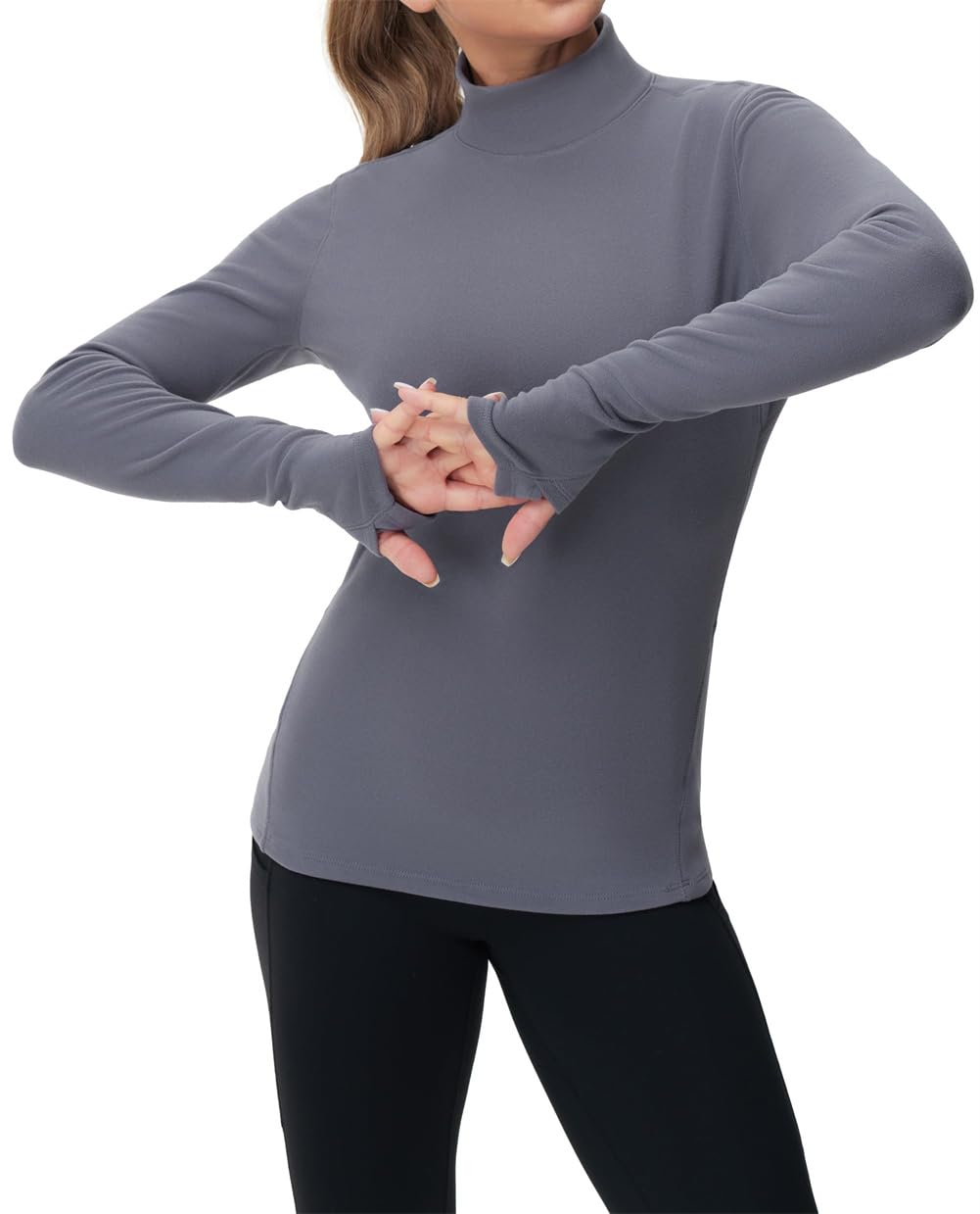 Camicie termiche da donna a maniche lunghe con collo alto, in pile, a maniche lunghe, girocollo, Grigio scuro, L