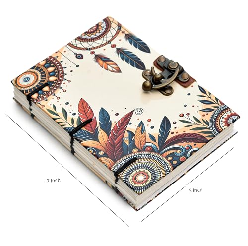Image of Handmade Boho Dreamcatcher Journal | Eco Recycled Paper Diary with Metal Lock ? Artistic & Sustainable Gift (7x5 Inch)
