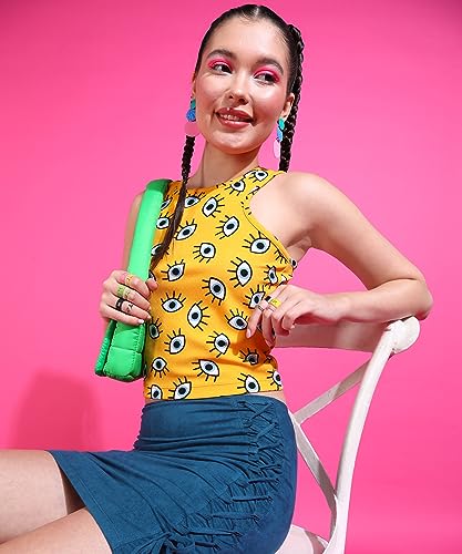 Image of POPWINGS Women Casual Yellow Eye Printed Self Design Tank Crop Top Tops for Women | Stylish Tops for Women | Trendy Tops Women