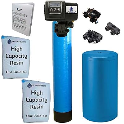 Whole House Water Softener System - Fleck 5600sxt Digital Meter Grain - includes bypass valve & brine tank with safety float (64k 1 Inch Bypass, Blue High Capacity Resin)