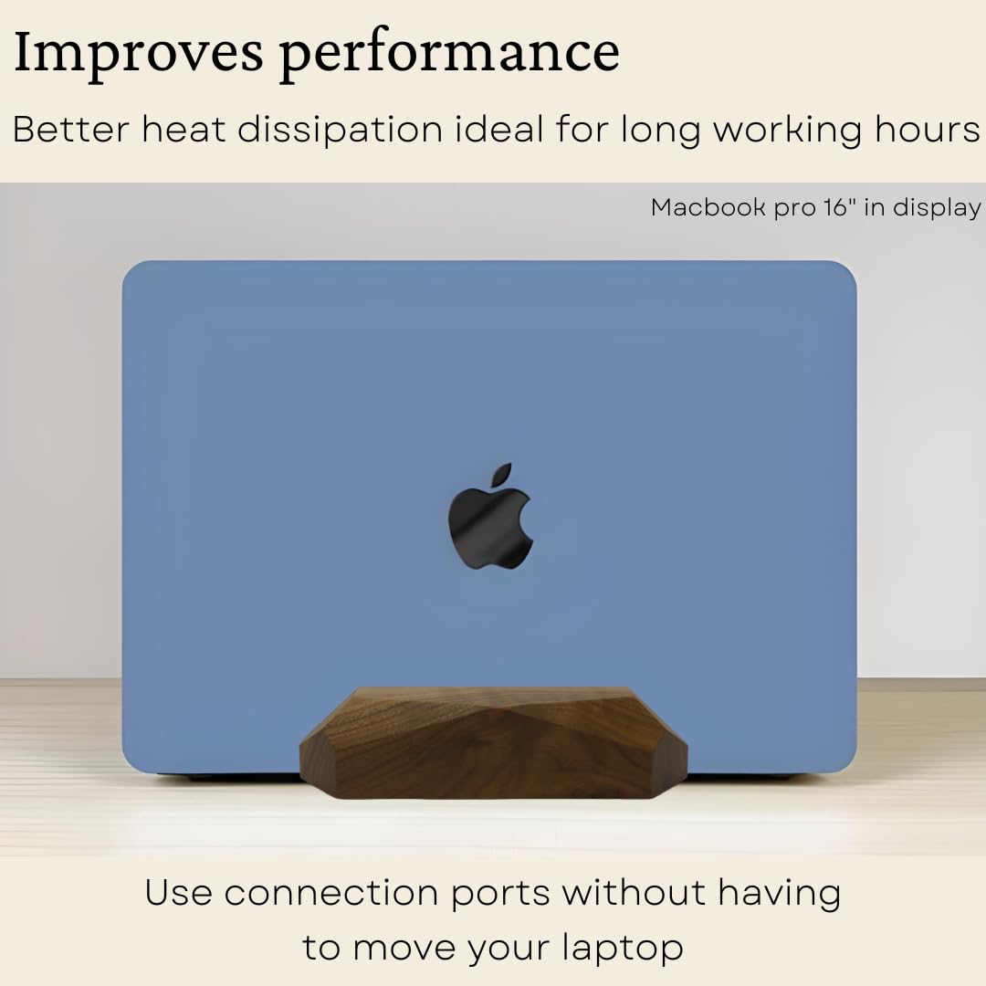 Vertical Laptop Stand Wood for MacBook Pro Air M1 M2 or M3, Minimalist Adjustable Holder Stand for Desk .4" to .7" Fits Other Laptops .4" to .7", Walnut Laptop Dock Stand.