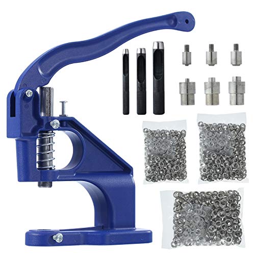 Hand Press Grommet Machine Eyelet Tool Kit with 3 Dies and 1500 Pcs Silver Grommets(Size #0:1/4