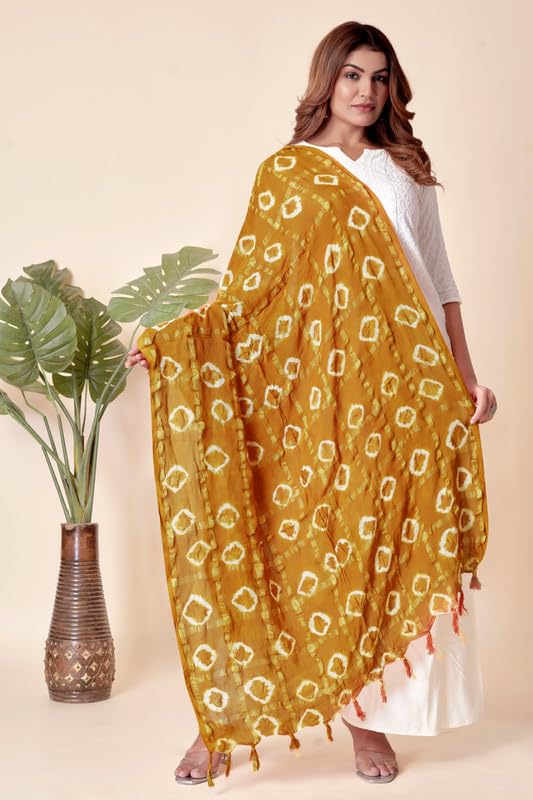 Image of Women Bandhani Dupatta | Traditional Chunri Print with Decorative Border | Lightweight Ethnic Stole for Festive and Wedding Wear