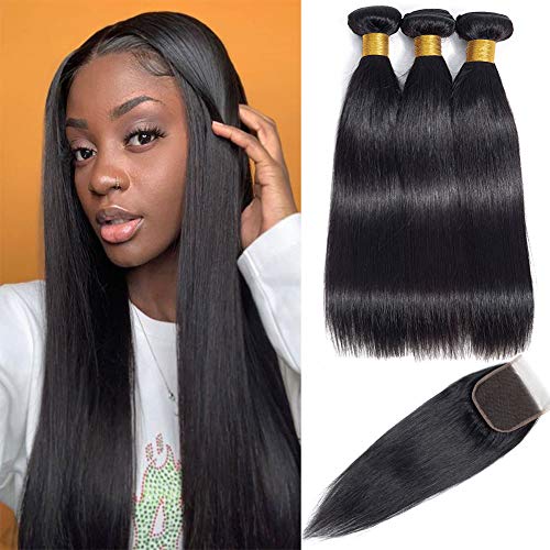 Qi Ying Brazilian Straight 3 Bundles With Closure 100% Unprocessed Virgin Human Hair Extensions Weave Weft with 4x4 Lace Closure Natural Color (20/22/22+18 Inch)