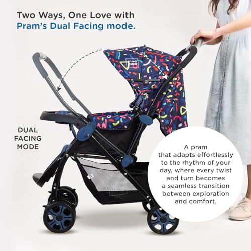 Image of Mee Mee Cozy Cruise Baby Stroller /Pram (Blue Black) | Premium Foldable Pram with 5-Point Safety Harness, One-Hand Fold, Multi-Recline Cushioned Seat, Adjustable Canopy & 360 Wheels | 0-3 Yrs
