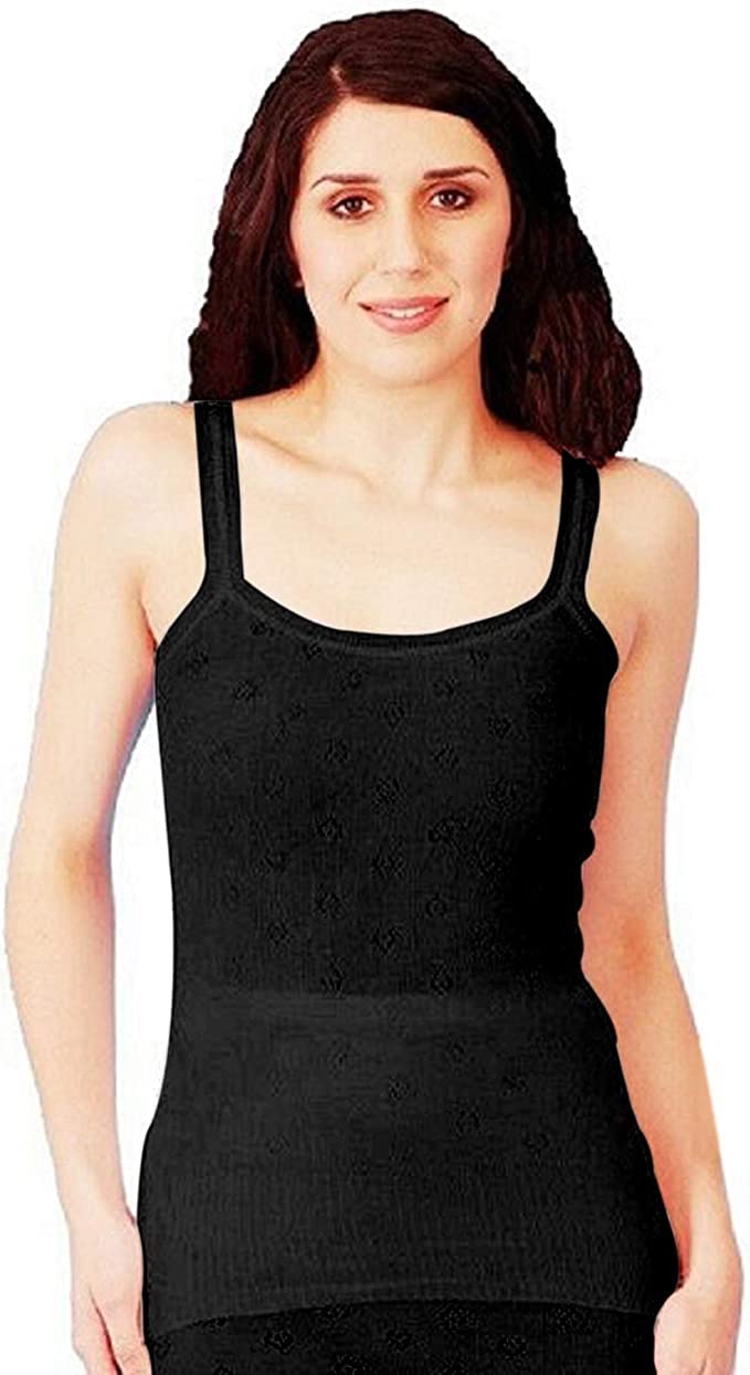 Top Linen (Nw) Ltd Women's French Neck Spencer Short Round Neck Black Snowdrop Thermal Underwear Vest Top - French Round Neck Spencer With Lace - Made In Uk (, Large)